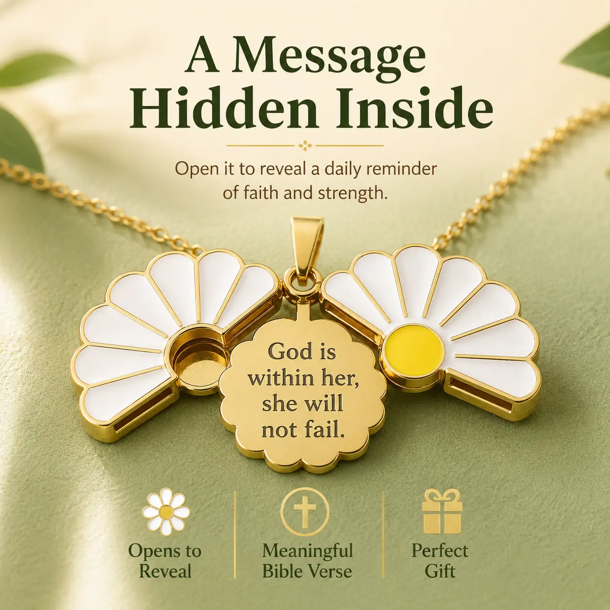 Women's USF Stainless Steel Hinged Daisy Flower Necklace - Engraved Message Inspirational Faith Jewelry, Link Chain Metal Charm Accessory, Meaningful Gift for Her for Birthdays, Christmas, Meaningful Gifts, Metal Charm Necklaces, Daisy Flower Necklaces