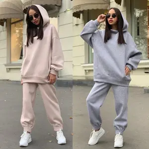 2023EuropeanandAmericanAutumnandWinterNewFashionSolidColorHoodedSweatshirtCasualTwo-pieceSetforWomen