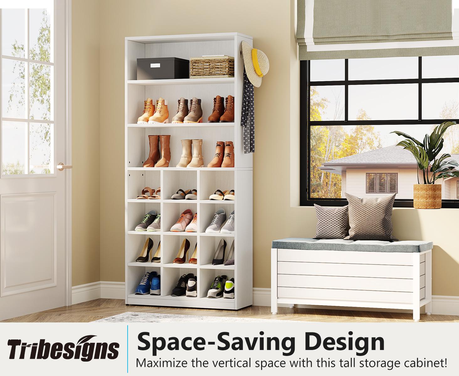 Tribesigns  Modern Shoe  Cabinet, 24 Pair Freestanding Shoe Rack Storage Organizer with Side Hooks, with Shelves for Hallway Bedroom Closet Entryway