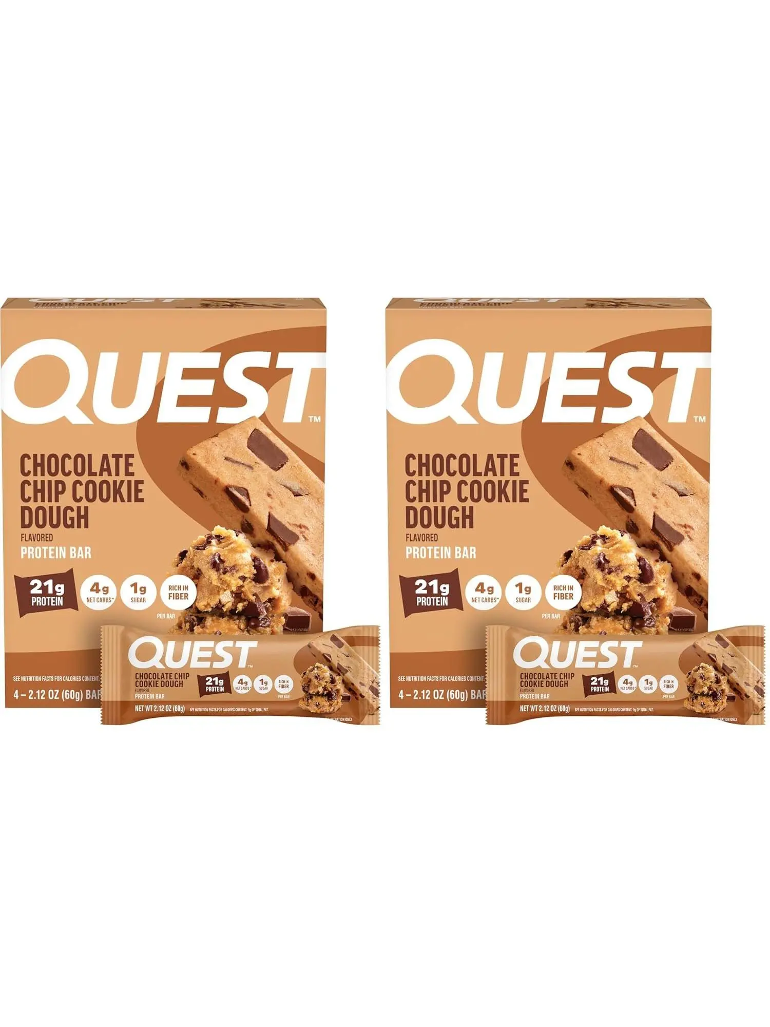 Quest Nutrition Chocolate Chip Cookie Dough Protein Bars, 21g Protein, 4, Net Carbs, 1g Sugar, High Fiber, Gluten Free, Keto Friendly, 4 Count