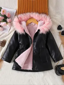 Girls' Faux Fur Collar PU Leather Jacket, Mid-Length Fashion Slimming Waistcoat, Winter Warm Outerwear for Kids, Trendy Casual Coat