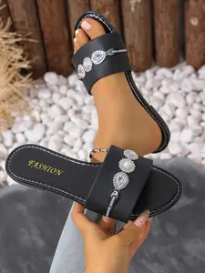 Rhinestone Pearl Sandals, Luxury Style Women's Flat Slippers, Comfortable Casual Footwear, Elegant Evening Wear Accessories