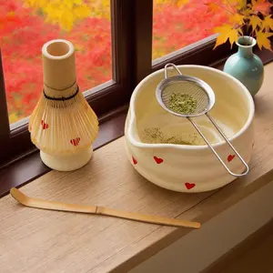 Matcha Stirrer Set 5 Piece, Cute Heart Design Matcha Bowl Spout & Spoon, Japanese Tea Ceremony Tools, Perfect Gift Idea, Tea Making Tool