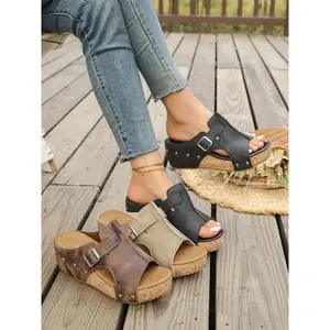 Women's Outdoor Summer Retro Low Wedge Fish Mouth Sandals, Soft PU Leather Breathable Thick Sole Platform Shoes, // Colors