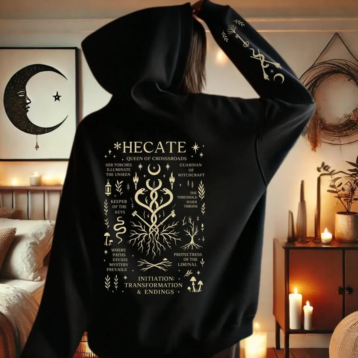 2 Side Triple Moon Goddess Hoodie Witchcraft Pagan Dark Feminine Gothic Occult, Go-To Outfit, No Thinking Needed, Timeless Appeal, Simple and Clean