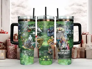 "Studio Ghibli 41th Anniversary Tumbler 1985-2026 - All-Character Forest Design Travel Mug with Handle & Straw - Celebrate Miyazaki's Masterpieces with This Insulated Stainless Steel Ghibli Fan Gift"