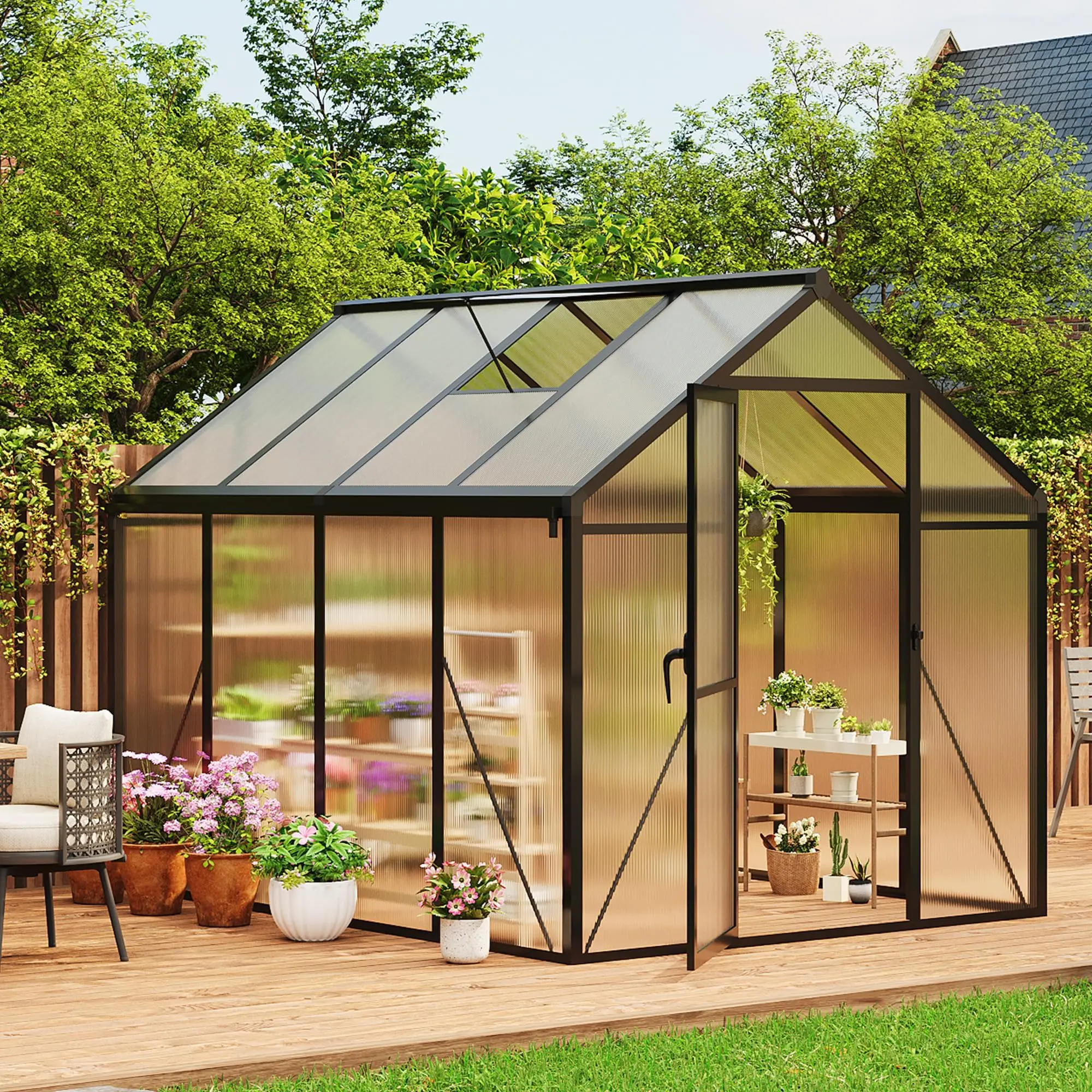 All-Weather Walk-In Polycarbonate Greenhouse 6x8FT, Aluminum Framed Plant House with Vent & Lock Door, Complete with Ground Stakes for Yard Planting