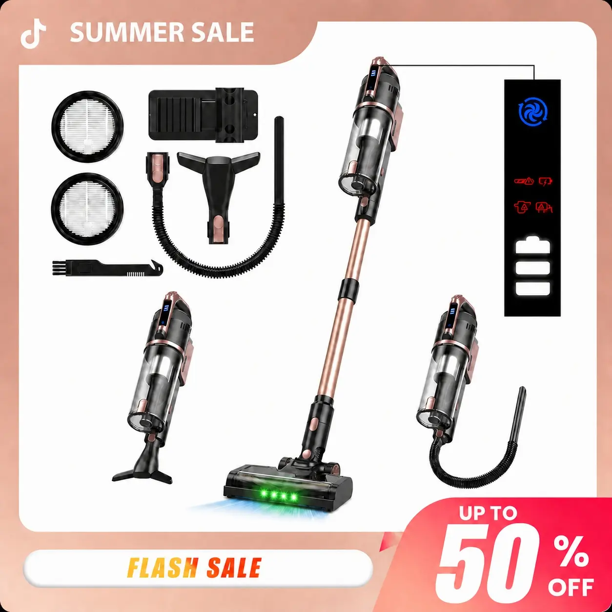 【2026 Newly Upgraded 】2026 Newly Upgraded V15 Cordless Vacuum Cleaner, 500W Brushless Motor, Self-Standing Stick Vacuum with LED Display, Removable Battery and Anti-Tangle Brush for Pet Hair, Carpet and Hard Floors