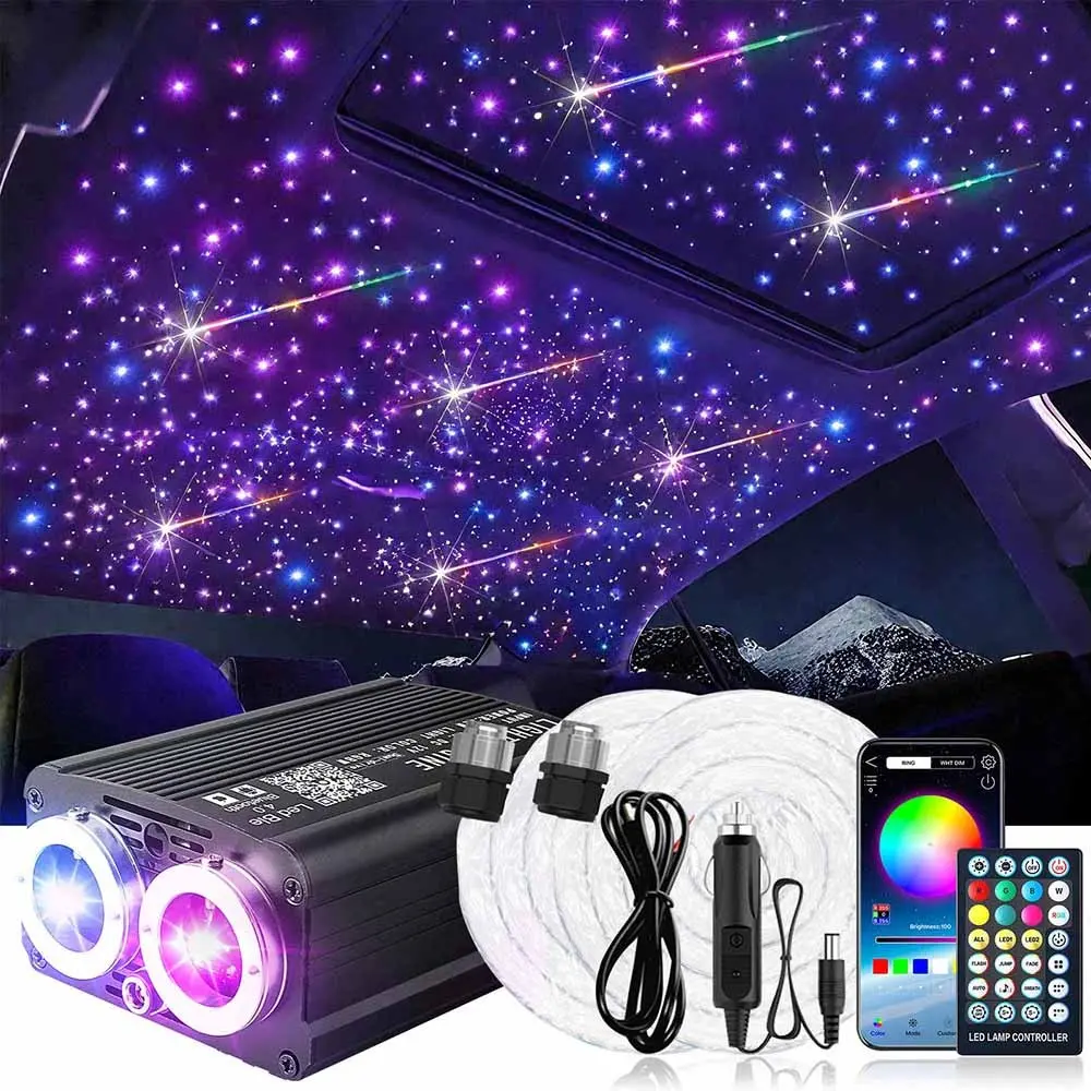 32W Twinkle+Meteor 2-in-1 Fiber Optic Lights, Dual Color Ports with 1100pcs+200pcs Meteor Fibers in 0.03in 12.5ft APP Optical Star Ceiling Kit for Car Headliner   Starlight Car Roof  or Home Decor