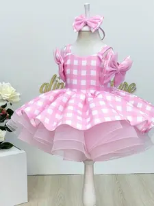 Girl's Plaid Print  Bow Decor Tiered Layer Dress with Headband, Cute Cold Shoulder Zipper Back A Line Dress with Accessory for Party, Kids Clothes for All Seasons, Gingham Dress