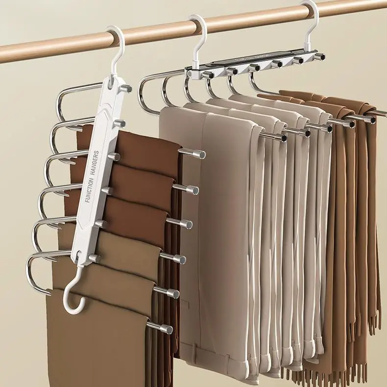 6-Layer Dual Pants Hanger, Minimalist Space-Saving Foldable Stainless Steel-ABS Closet Organizer, Anti-Slip Retractable Pants Holder for Jeans, Trousers, Wardrobe Storage Home Essential Hanging Hook