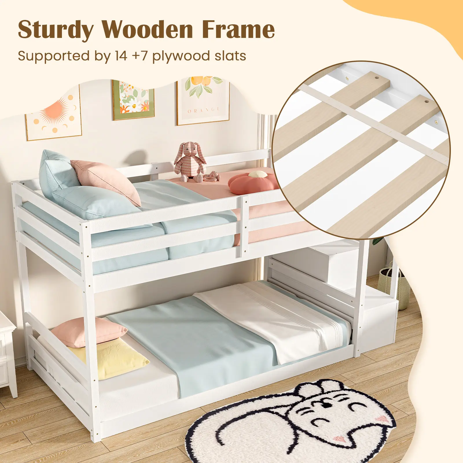 COSTWAY - Twin Over Twin Low Bunk Bed with Storage Stairs Solid Wood Floor Bunk Bed Frame-White