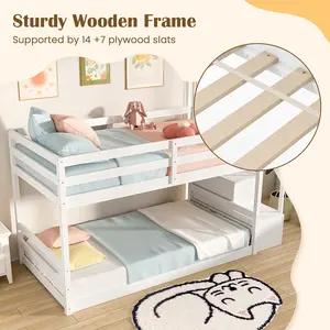 COSTWAY - Twin Over Twin Low Bunk Bed with Storage Stairs Solid Wood Floor Bunk Bed Frame-White
