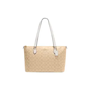 Coach Gallery 37 Tote Bag with Classic Monogram Logo and Coated Canvas Leather for Women in Khaki and White