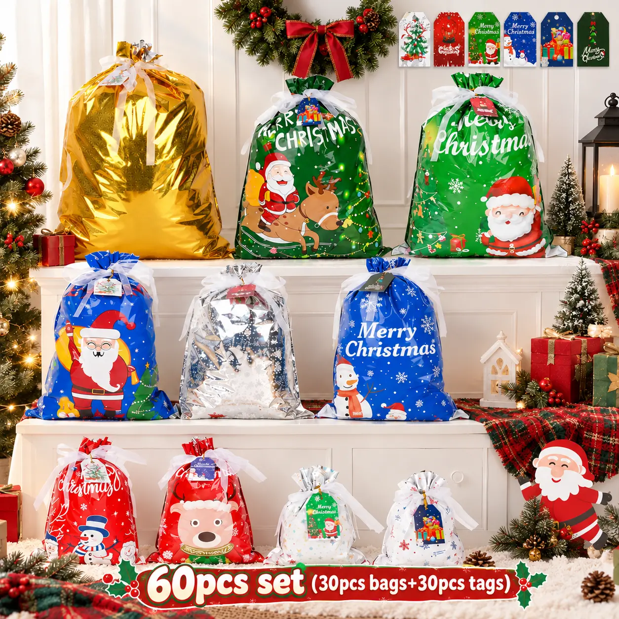 60PCS Christmas Drawstring Glitter Gift Bags (30 Colorful Bags + 30 Tags) - Assorted Sizes from Small to Jumbo, with Colorful Designs & Tags, Ideal for Holiday Wrapping & Decorations Party Favors, Say Goodbye to Single-Style Gift Bags