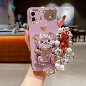 Pearl Strap Lanyard Redmi A2 Elegant Plating Phone Holder Case Compatible With for Xiaomi Redmi A2 Cute Bear Romantic Love Heart Case Cover for Popular