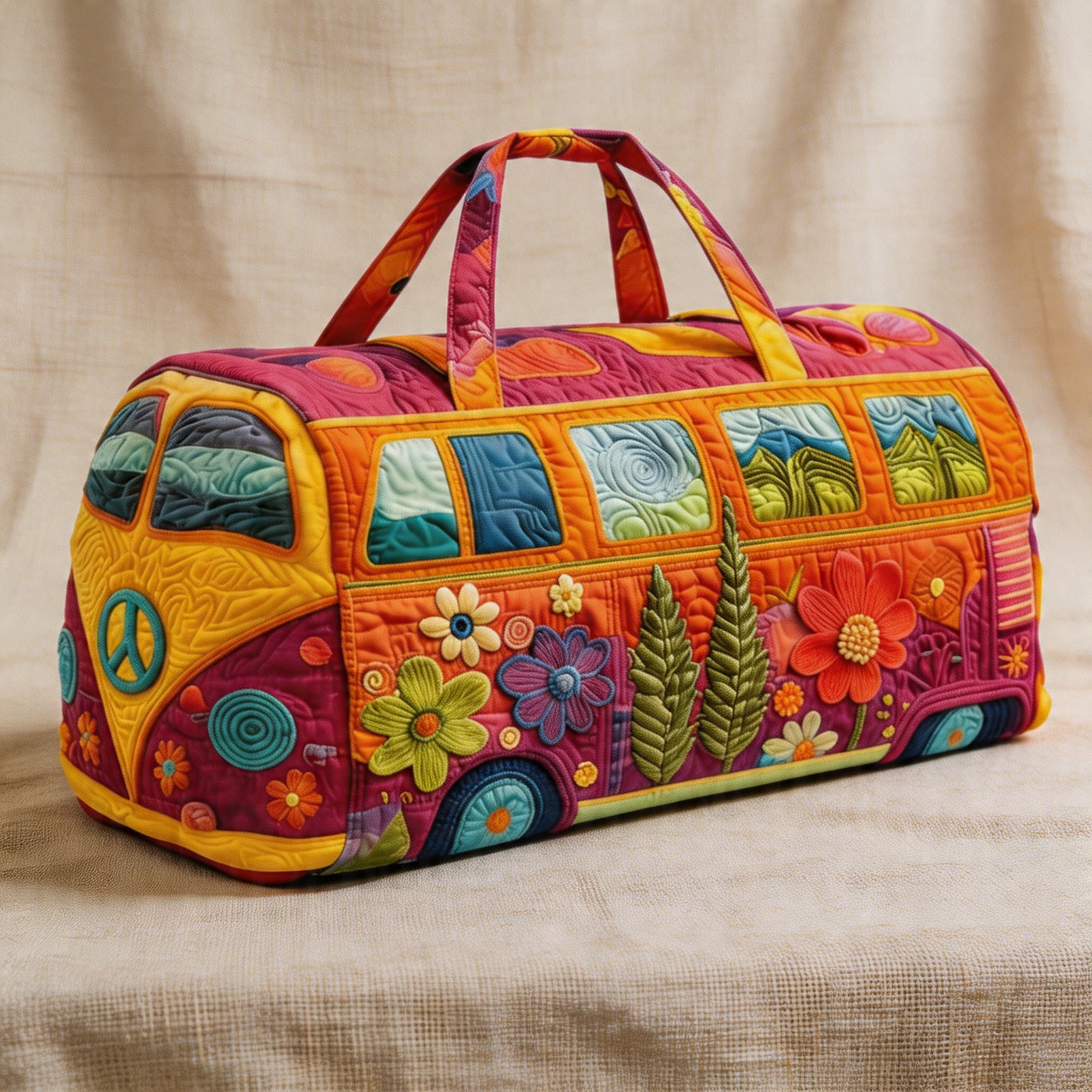 Retro style hippie bus quilted travel bag - Bohemian, high-definition printed bus bag with colorful floral patterns, weekend luggage bag, large capacity fitness bag