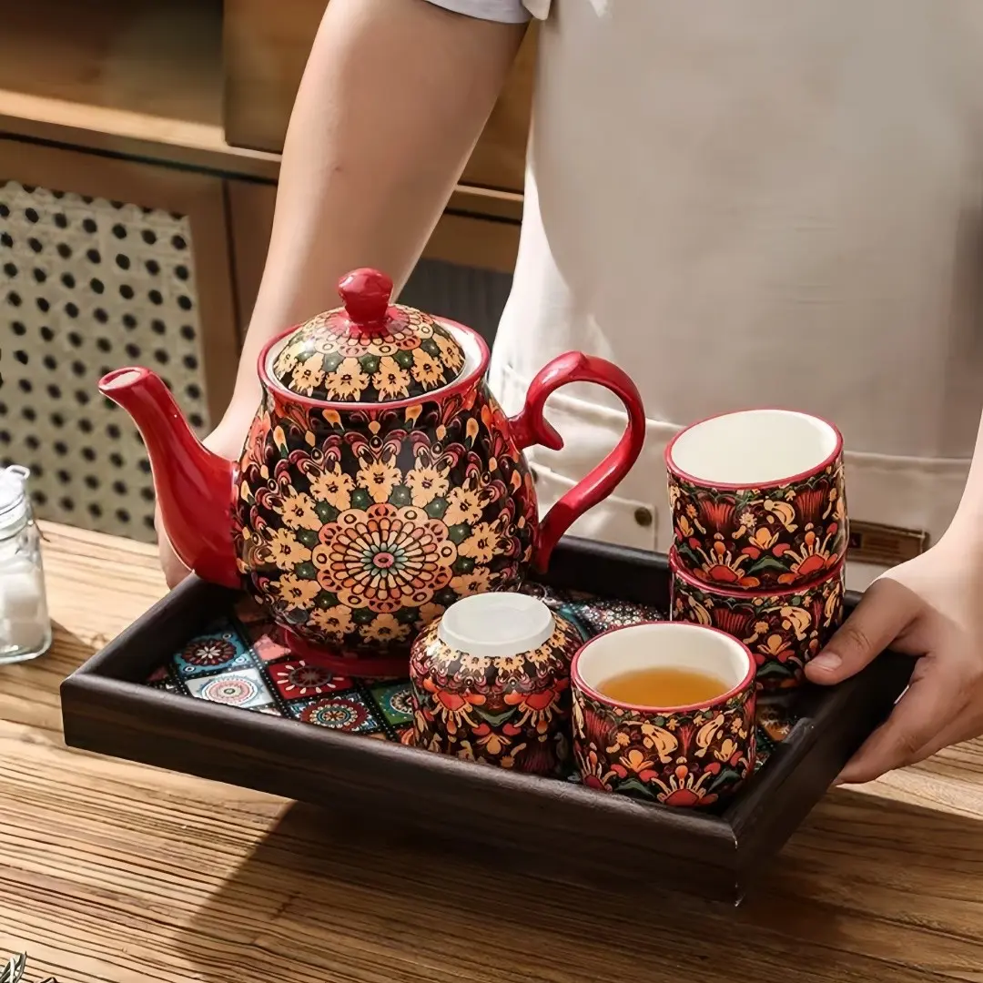 8-Piece Ceramic Drinkware Set with Teacup, 1.2L Teapot, 6 Cups & 13in Serving Tray, Elegant Pearl Matcha Tea Pot Sets Gift for Family & Friends, Tea Party Set