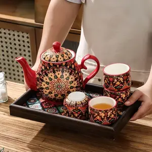 8-Piece Ceramic Drinkware Set with Teacup, 1.2L Teapot, 6 Cups & 13in Serving Tray, Elegant Pearl Matcha Tea Set Gift for Family & Friends