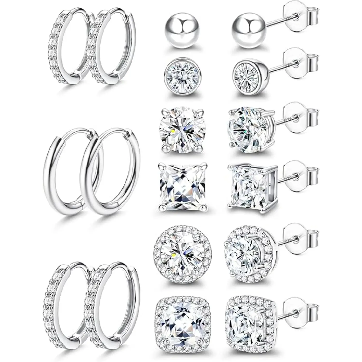 BESTEEL S925 Sterling Silver Stud Earrings for Women Men - Hypoallergenic 18K Gold Plated Hoop Earring Big Round Square Simulated Diamond Halo Studs Earrings for Sensitive Ears