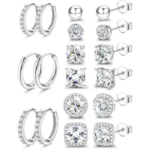BESTEEL S925 Sterling Silver Stud Earrings for Women Men - Hypoallergenic 18K Gold Plated Hoop Earring Big Round Square Simulated Diamond Halo Studs Earrings for Sensitive Ears