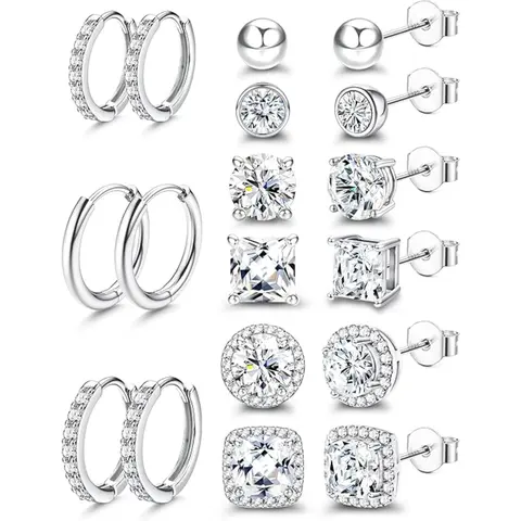 BESTEEL 18K Gold-Plated & Sterling Silver Stud Earrings Set for Women - Round/Square Artificial Diamond Halo Central Stone Earrings, Mix-Match Stackable, Sensitive Ears-Friendly, Works for Lobe/Cartilage