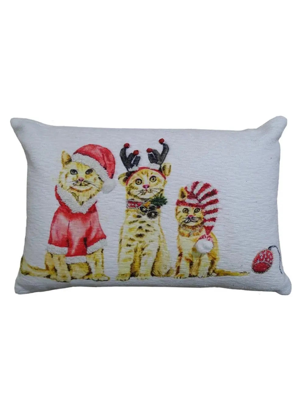 HomeRoots 482275 Rectangular Lumbar Christmas Throw Pillow - 14x20 in, Cotton Blend, Zippered, White & Red, Cat-Themed, Decorative Front, Solid Backside, Festive Home Decorations