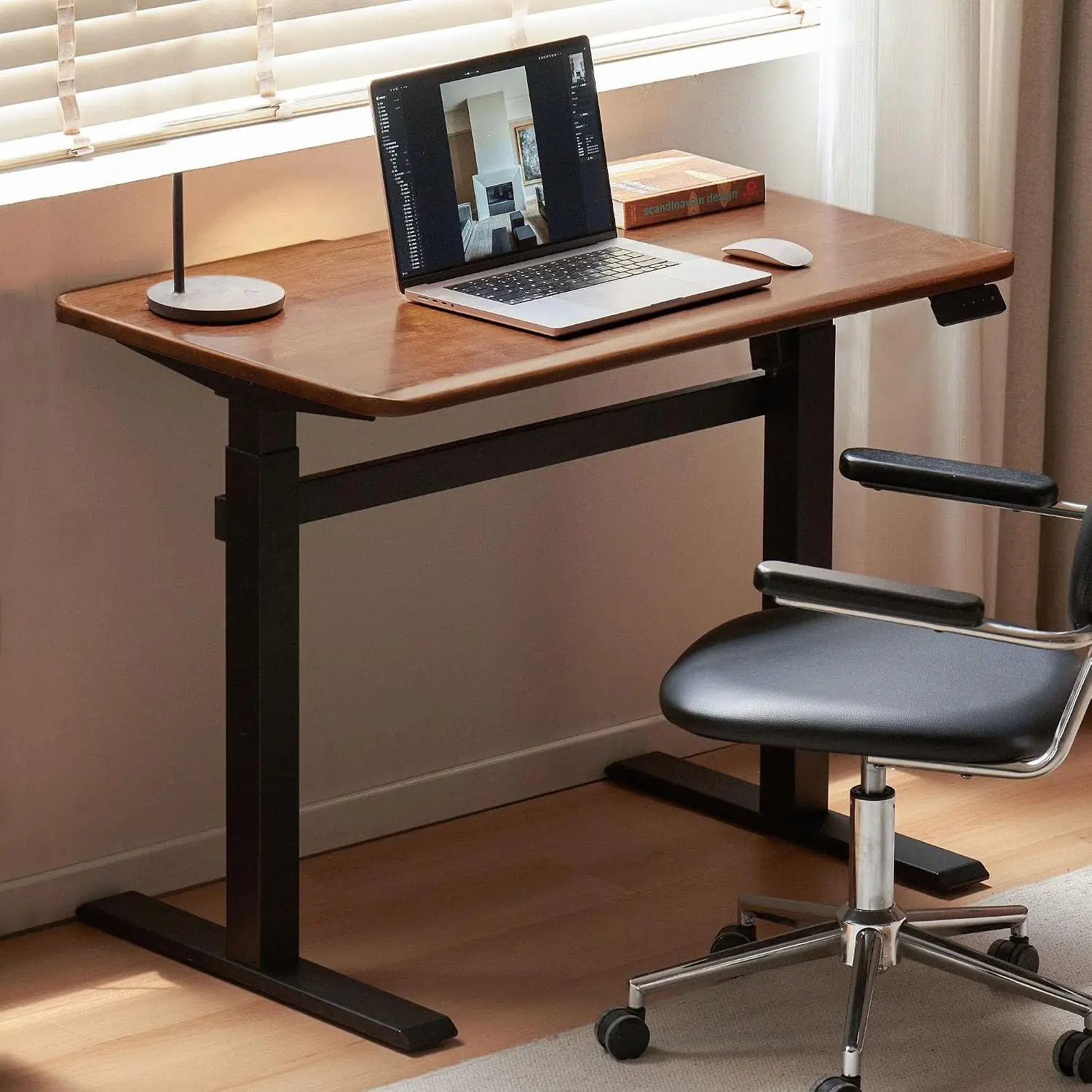 YESWOOD Solid Wood Electric Height Adjustable Standing Desk, Walnut Rubber Wood Home Office Sit Stand Desk with Cable Management Tray for Study Living Room