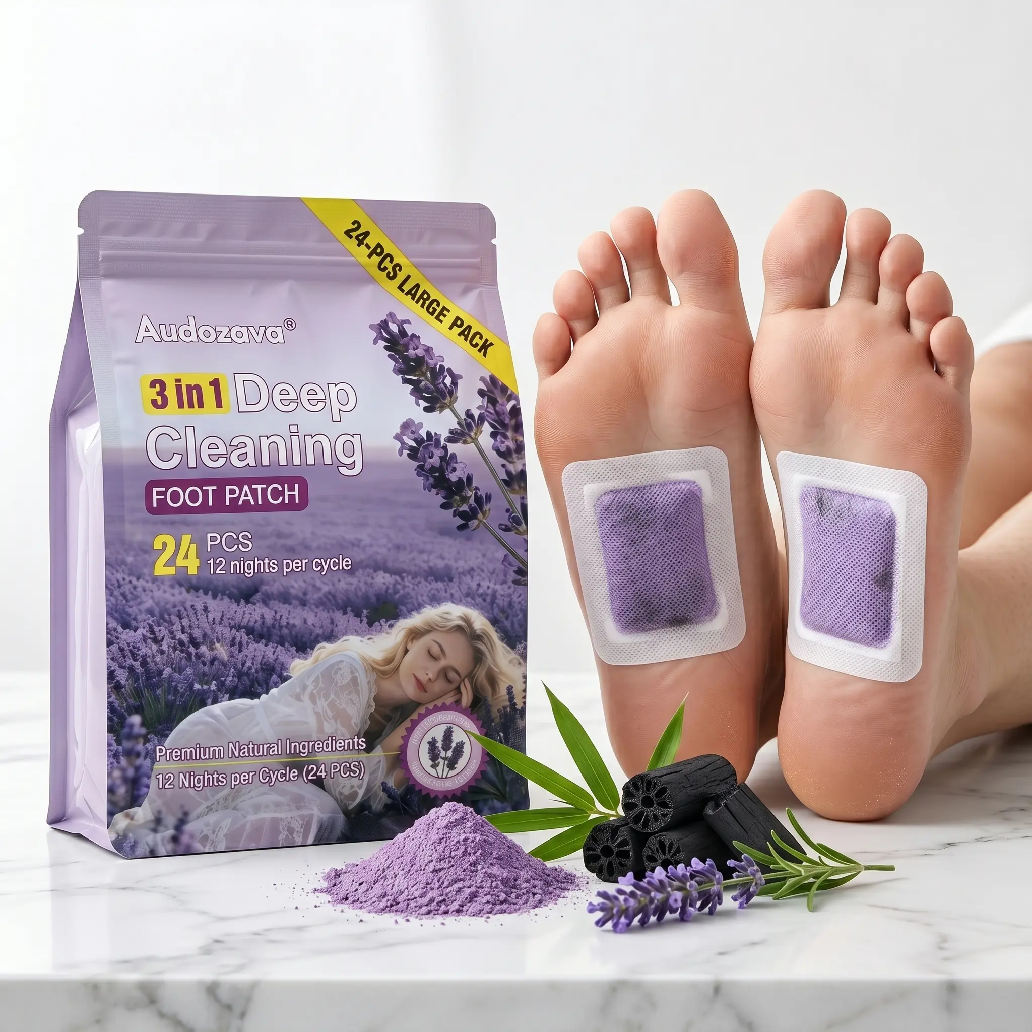 Lavender & Ginger Restorative Foot Patches (24PCS) - Soothing Bamboo Vinegar Formula for Tired Feet - Premium Personal Care Gift