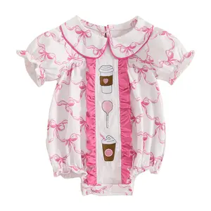 Toddler Baby Girl Clothes Summer Smocked Romper Bow Embroidery Bubble Onesie Short Sleeve Cute Bodysuit Outfits