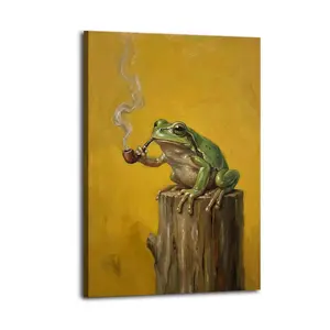 Frog Smoking A Pipe on A Tree Stump Artistic Wall Decor, Waterproof Canvas Poster, Cute And Vibrant Poster for Bathroom, Living Room, Bedroom, Dorm, A Perfect Gift Idea for New Year Home Decor