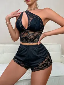 Women's Asymmetrical Neckline Lace Patchwork Bralette Pajama Set, Elegant Sleepwear for Ladies, Comfortable Nightgown Ensemble, Stylish Loungewear, Lingerie