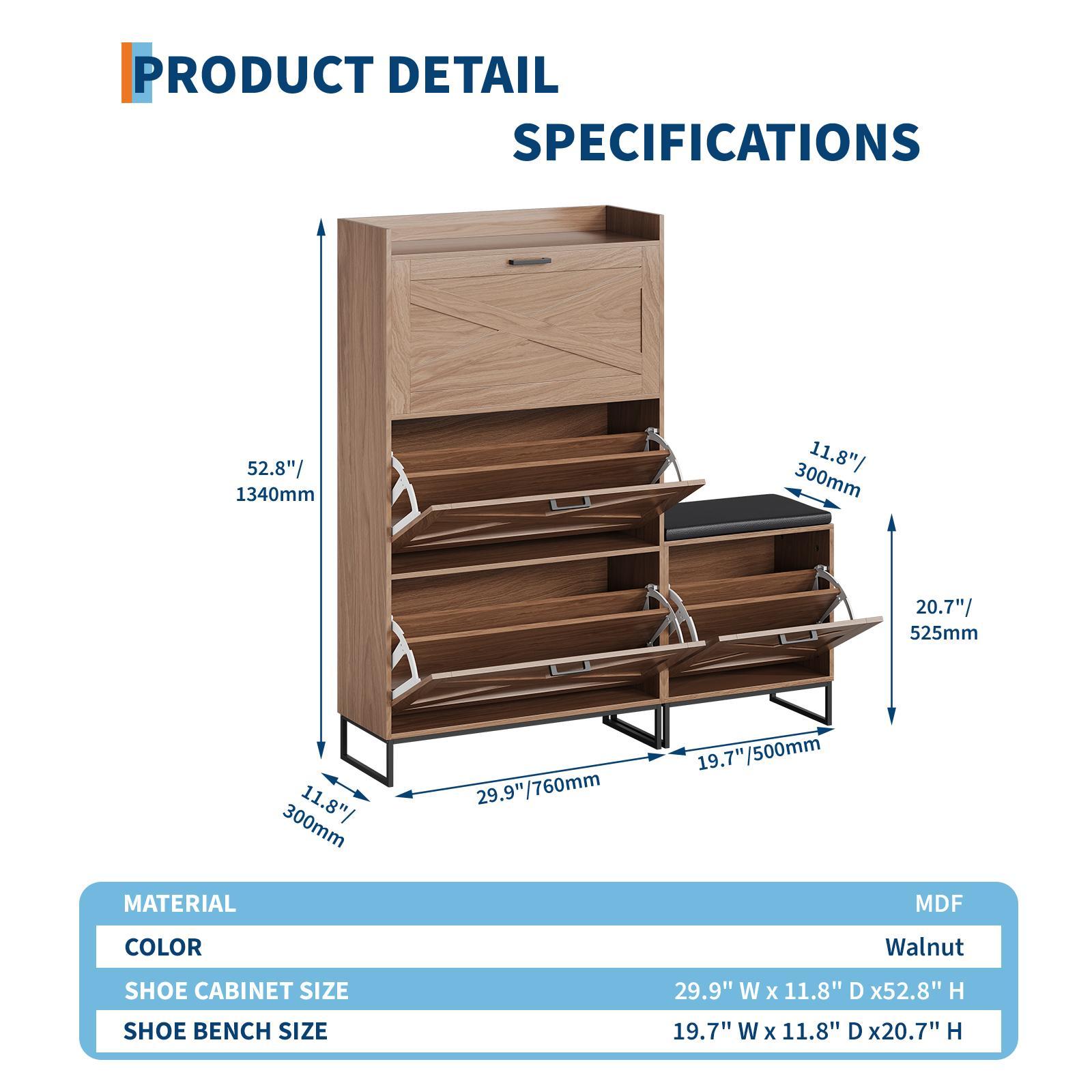 Farmhouse Shoe Storage Bench with 4 Flip Drawers & Upholstered Cushioned Seat, Dual-Layer Hidden Storage, Sturdy Metal Legs, Space-Saving Easy Assembly Entryway Cabinet, Walnut Finish