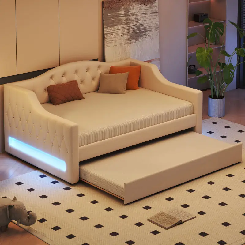 Bellemave Upholstered Full XL Day Bed Frame with Tufted Upholstered Headboard, LED Light Belt with Adjustable Colors, Trundle, Glam Design, Beige, Upholstered Tufted Headboard