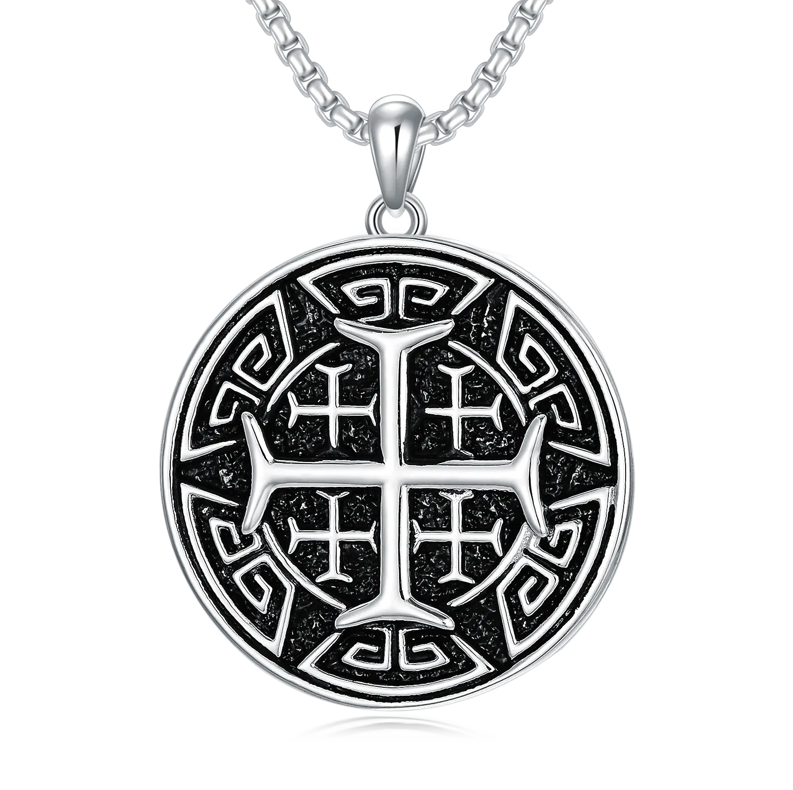 MEIDERBO Oxidized 925 Sterling Silver Crusaders Jerusalem Cross Pendant Necklace, Stainless Steel Bead Chain, 22+2in Versatile Length, Statement Religious Necklace for Adults, Elegant Everyday Wear Accessory, Meaningful Gift