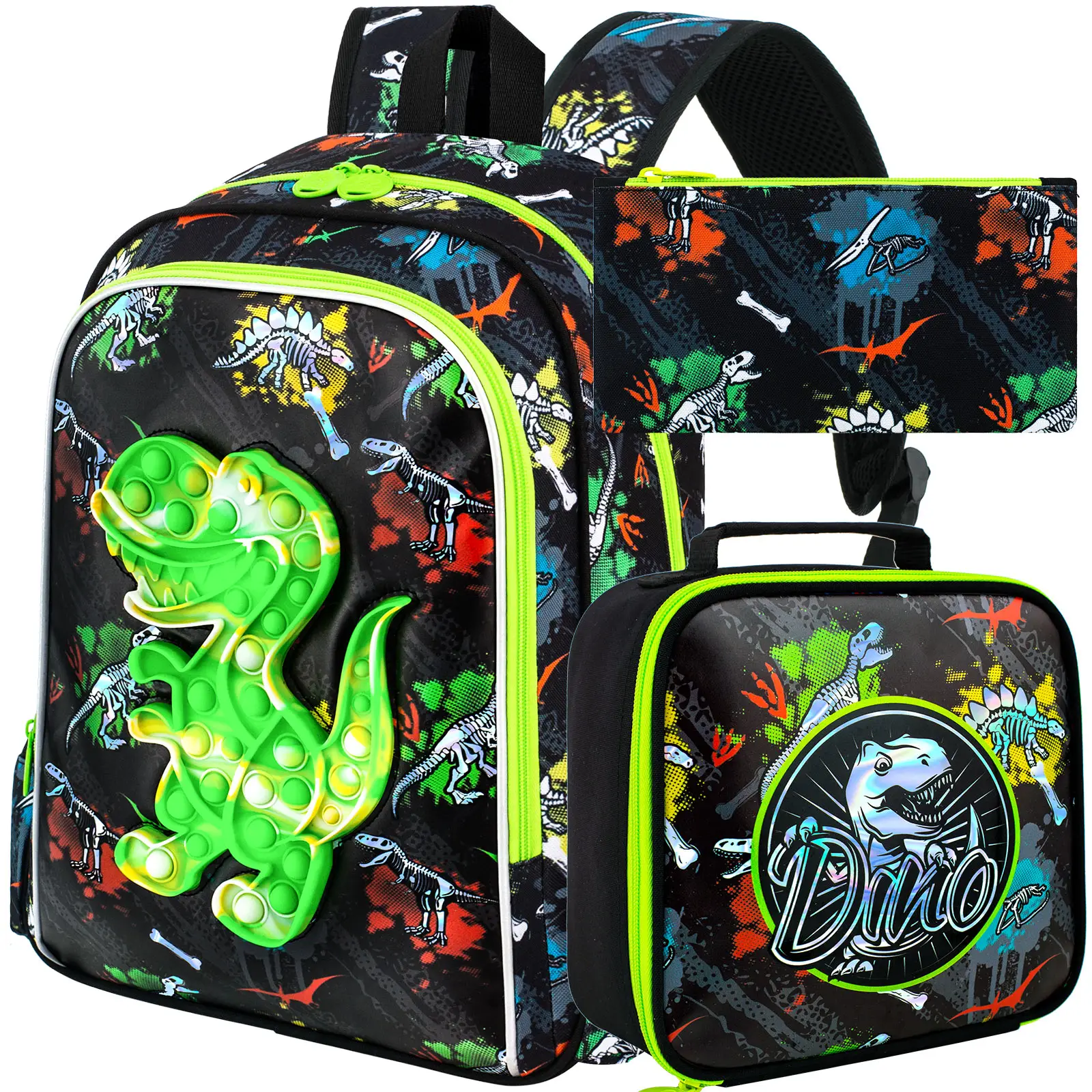 3PCS Dinosaur Backpack for Boys, 16" Kids Backpacks Water Resistant with Lunch Box, Bookbag for Elementary Preschool