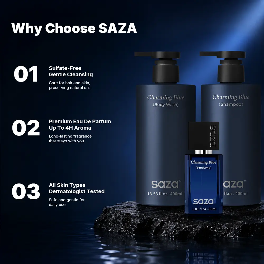 saza Charming Blue 3-In-1 Men's Grooming Set | TikTok Viral Long-Lasting Cologne Perfume, Refreshing Body Wash & Shampoo Full Body Scent Layering Bundle (13.53+13.53+1.01 fl.oz)