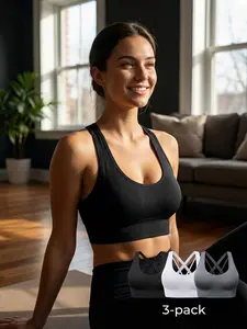 YOUKA 3pcs Women's High Support Solid Color Seamless Wireless Breathable Comfortable Racerback Sports Bra