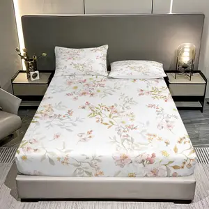 Three pieces with light pink apricot blossom patterns Printed Bed Sheet Set (1 Fitted + 2 Pillowcases), Ideal for Bedroom or Guest Room, Home Dormitory High-Definition Print, Floral Sheets