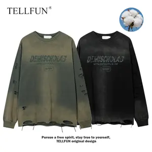 Men's Distressed Trim Tee, Loose Casual Fashion Long-Sleeve Washed Distressed T-shirt for Summer, Men's Top for Daily Wear oversized