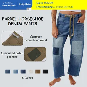 Imily Bela Womens Baggy Barrel Horseshoe Jeans Wide Leg Patchwork Low Rise Denim Pants with Pockets