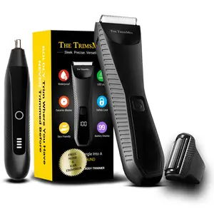 THE TRIMSMEN - 2-in-1 Manscaping Ball Trimmer, Gift Set for Him/Husband/Men/Boyfriend/Father, Waterproof Body Hair Trimmer for Pubic/Groin, No Nick Electric Hygiene Groomer Clipper Kit w/ FREE Nose Trimmer Ceramic Blades & Foil Shaver trim professional