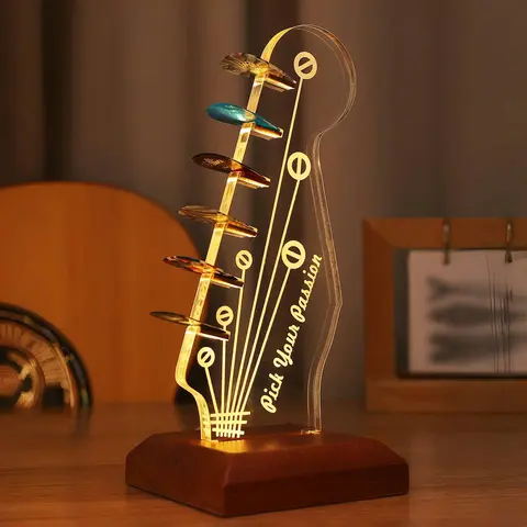 COOLGIFT MART Luminous Acrylic Electric Guitar Headstock Complete Pick Holder with Solid Wood Base, USB Plug-in Lighting, Easy-to-Assemble Glow-Lit Picks Display, Fashionable High-Class Artwork for Guitarists, Any Decor Holiday Gift