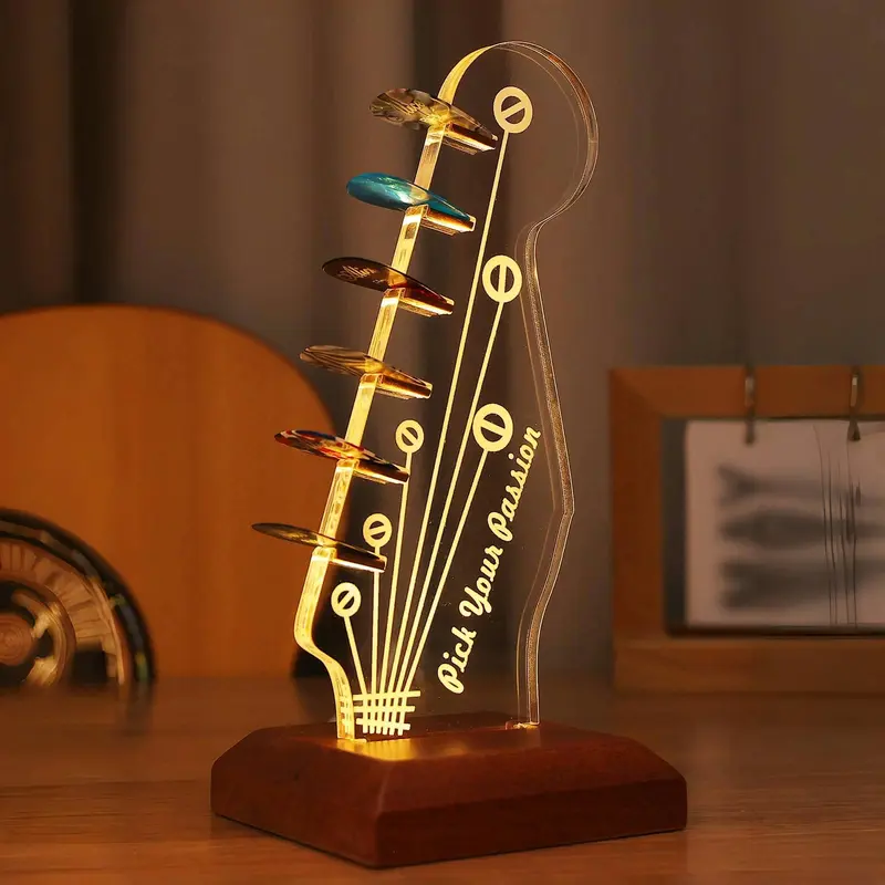 COOLGIFT MART Luminous Acrylic Electric Guitar Headstock Complete Pick Holder with Solid Wood Base, USB Plug-in Lighting, Easy-to-Assemble Glow-Lit Picks Display, Fashionable High-Class Artwork for Guitarists, Any Decor Holiday Gift