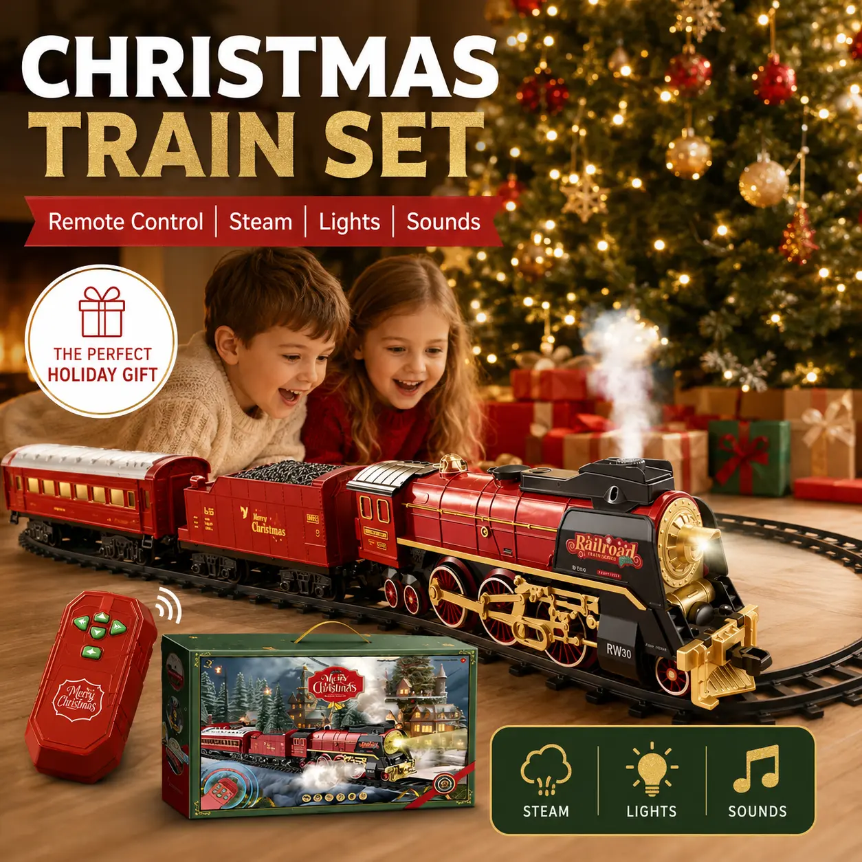 Christmas Series Remote Control Train Set with Steam Mist, Light Up Electric Railway Toy with Sound & Whistle for Kids Gift