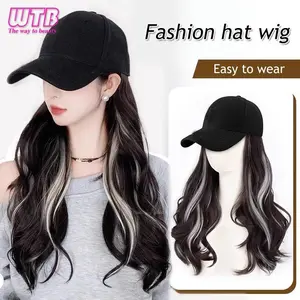 Synthetic wig hat one-piece female black highlights white long curly hair baseball cap fashion cap wig