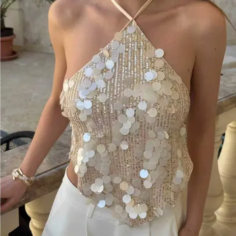 Women's Fashionable Chic Sexy Backless Halter Tie Slim Fit Top with Sequins, Ideal for Beach Vacation, Evening and Party Wear, Trendy Summer Fashion
