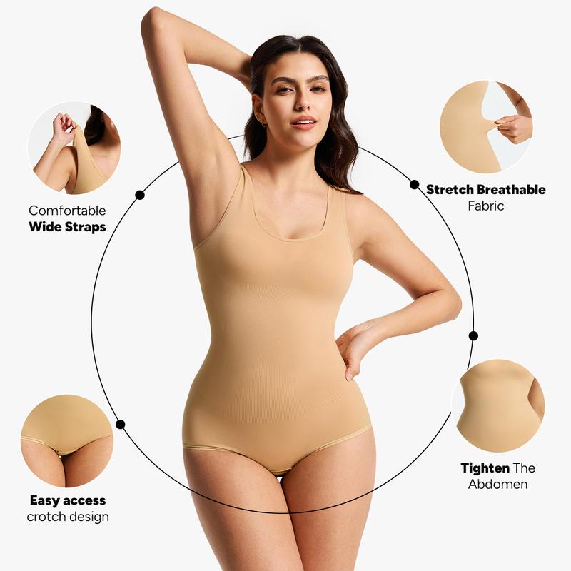 [MAX] Nebility Women's Clothing Minimalist Seamless Crewneck bodysuits shapewear, Basic Comfortable Womenswear Outdoorfun Fit bodysuits women Curve Hugging Compression Beige