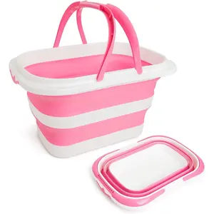 Large Collapsible 4.2 Gallon (16L) Silicone Bucket with Handle & Hanging Hole, Foldable Space-Saving Mop Bucket for Home Storage, Car Wash, Camping, Beach (Pink White)