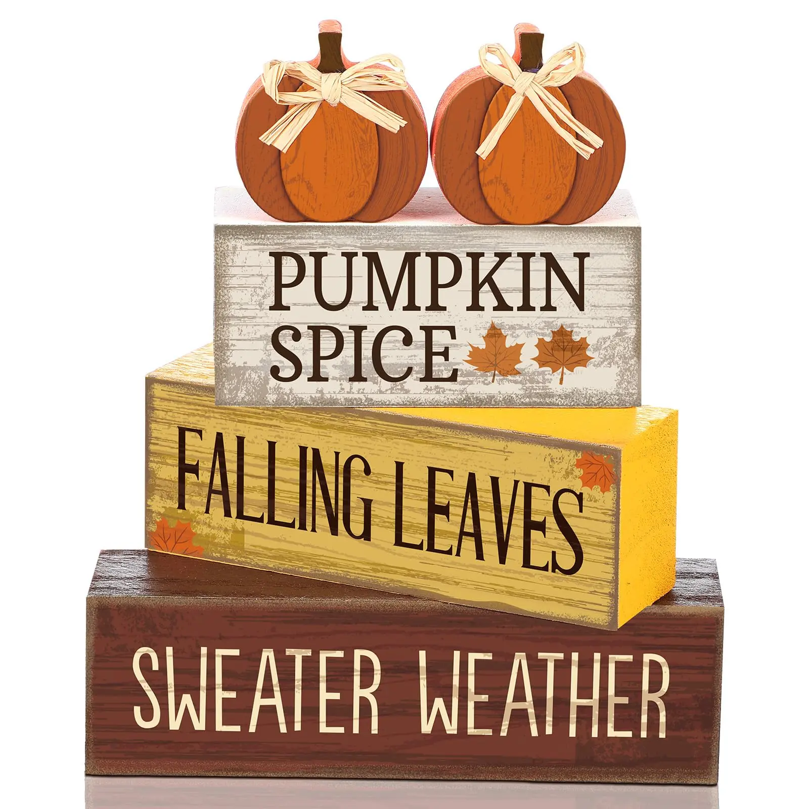 Set of 4 autumn pumpkin decorations, Thanksgiving table centerpiece | Country-style wooden sign with autumn slogans, tiered tray for farmhouse decor, wooden pumpkin centerpiece with a yellow linen bow